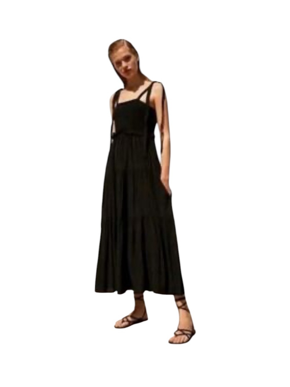 Zara Smocked Black Maxi Dress Tie Shoulder Straps square neck Minimalist S